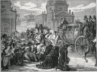 Pave Pius VIIs (Pio) (1742-1823) triumferende indtog i Rom (Roma) den 24. maj 1814. Indgravering af det 19. århundrede. Privat samling.