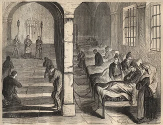Viatica ved Toulon-fængslet i det 19. århundrede. Indgravering i "Fangernes historie fra deres skabelse til i dag"" (1877) af Pierre Zaccone (1817-1895) (Colonia Penale - Straffekoloni). Privat samling.