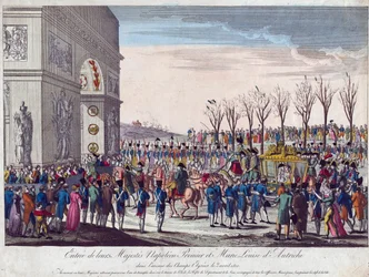 Napoleons og Marie-Louises bryllupsoptog langs Champs Elysees den 2. april 1810 - Anonym - 1810 - Radering, akvarel - 35,3x45,7 - Privat samling