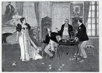 Teaterrepræsentation: "" Systeme Ribadier"", vaudeville af Georges Feydeau (1862-1921) og Maurice Hennequin (1863-1926) i Theatre du Palais-Royal i Paris. Stik i “Le monde illustree”” fra 1892. Privat samling.