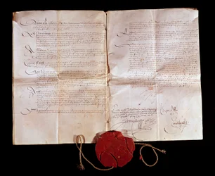 Freden i Cateau-Cambrésis mellem Henrik 2. (1519-1589) og Filip 2. af Spanien den 3/04/1559. Frankrig returnerer sine italienske områder til Spanien. Denne traktat afsluttede de italienske krige. Paris, Nationalarkivet