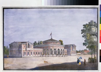 En jernbanestation og en fransk restaurant i Catharinhof (Jernbanestation og fransk restaurant i Catharinhof). Anonym litografi, farvelagt i akvarel, 22 x 33 cm