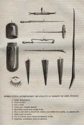 Forskellige redskaber, som forkattene bærer, når de flygter. Indgravering i "Historien om fængslerne fra deres skabelse til i dag"" (1877) af Pierre Zaccone (1817-1895) (Colonia Penale - Straffekoloni)
