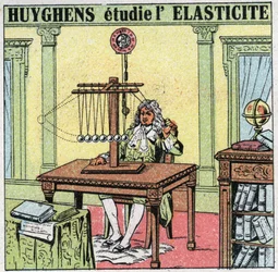 Vibrerende bevægelser: Christiaan Huygens (1629-1695) studerer materialets elasticitet ved at observere elfenbensperler. Anonym illustration fra 1925. Privat samling.