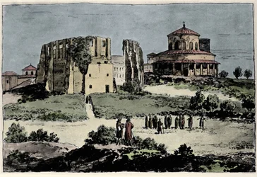 Udsigt over Santa Constance-kirken (nza), kejser Konstantins mausolee bygget i det 4. århundrede nær basilikaen St. Agnese (Agnese) i Rom Illustration af det 19. århundrede