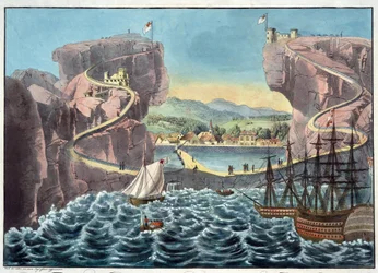 Udsigt over øen St. Helena fra siden af landingsstedet nær Fort James - Anonym - 1815 - Akvatinte - 46,7x54,5 - Privat samling