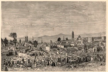 Udsigt over byen Erzurum (Erzurum) i Armenien (nu Tyrkiet). Indgravering i "The Catholic Missions in the XIXth Century"" af Louis-Eugene (Louis Eugene) Louvet. privat samling.