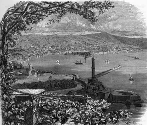 Udsigt over byen Genes (Genova), Italien. gravering af 1859 i "" gallerierne i Europa - Italien"" af armengaud. Privat samling.
