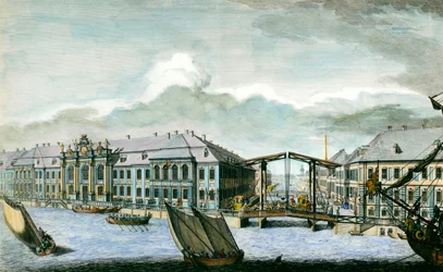 Udsigt over det tidligere vinterpalads ved Moika og Neva-kanalen i Sankt Petersborg gravering fra det 18. århundrede. Sankt Petersborg, Eremitagebiblioteket