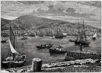 Udsigt over øen Syra i Grækenland. Indgravering i "The Catholic Missions in the XIXth Century"" af Louis-Eugene (Louis Eugene) Louvet. privat samling.