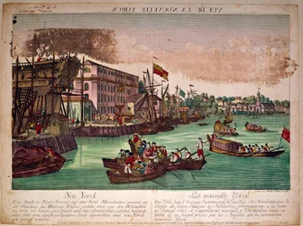 Udsigt over havnen i byen New York (New York) i USA, til venstre et skibsværft. Mundingen af Hudson River og Manhattan Island. Stik af det 18. århundrede. Privat samling