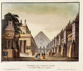 Udsigt over Isis-templet Scenografi til balletten "" Octavian in Egypt "" af den italienske koreograf Giovanni Galzerani (1780-1865) (1828). Litografi i "" Samling af naturskønne opfindelser fra 1830 af Alessandro Sanquirico (1777-1849) ". Milanese uden