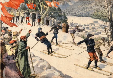 Vintersport: Skikonkurrence i Chamonix i Haute Savoie i Alperne, Frankrig. Schweiziske og franske flag opmuntrer skiløbere. Gravering fra avisen "" Le Petite Parisien""