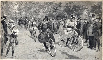 Kvinders race af velocipedists ved Bois de Boulogne nær Paris. Indgravering i "" Le Petit Parisien"" den 25/06/1893.