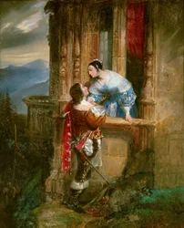 Ung mand, der bejler til, har en dame på sin balkon Illustration til "Romeo og Julie" af William Shakespeare (1564-1616). Anonymt maleri fra det 19. århundrede. Lyon, musee des Beaux Arts - Ung mand, der bejler til en ung dame, balkonscene. Illustration ti