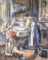 Helping with the Washing Up, 1975 (wc og farveblyant)