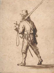 En gående musketer, set bagfra, 1600-tallet.