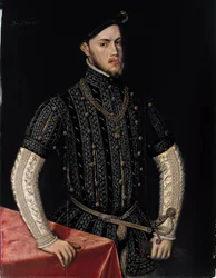Portræt af Philip II (1527-1598), konge af Spanien og Portugal - Maleri af Antonis (Anthonis) Mor (ca. 1517-1577), olie på træ (107,5x83,3 cm), ca. 1550 - Portræt af Philip II, konge af Spanien og Portugal, Olie på træ af Antonis Mor, ca 1550 - Pr