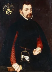 Portræt af en 28-årig gentleman, i trekvart figur, i en sort trøje med røde ærmer og en sort kappe, med en pung og et lommetørklæde broderet med initialerne «K», 1563