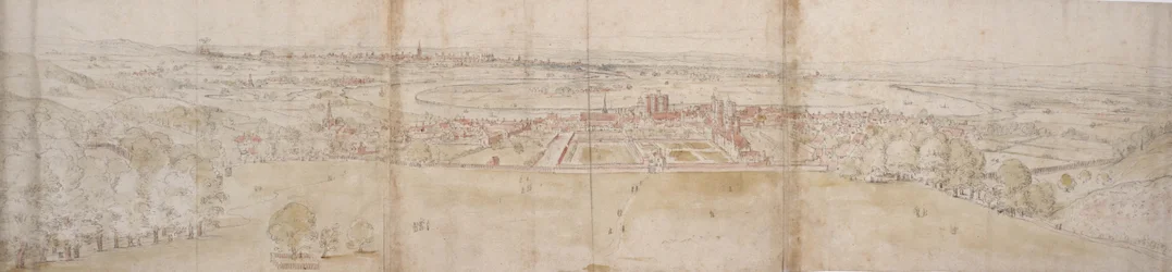 Greenwich Palace og London fra Greenwich Hill (pen og brunt blæk og akvarel over angivelser med sort kridt)
