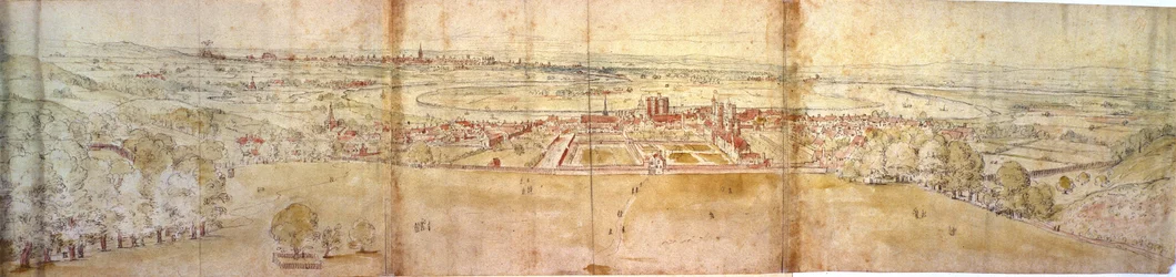 Greenwich Palace og London fra Greenwich Hill, ca. 1544 (pen, blæk, kridt og wc på papir)