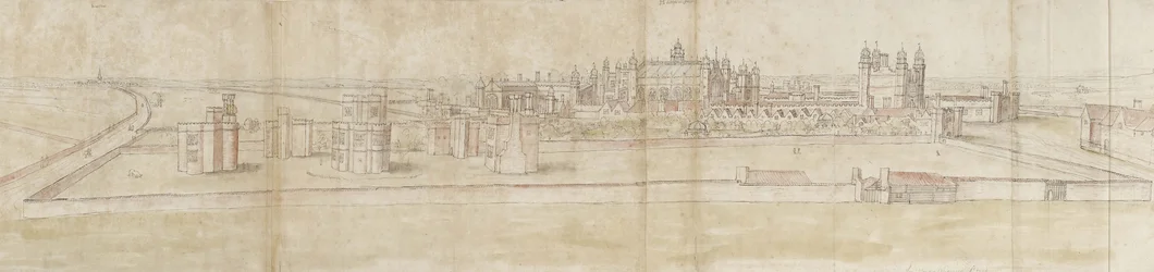 Hampton Court Palace fra nord (pen og brunt blæk og akvarel over svage angivelser med sort kridt)