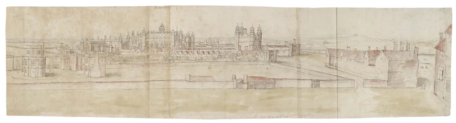 Hampton Court Palace fra nord (pen og brunt blæk og akvarel over svage angivelser med sort kridt)