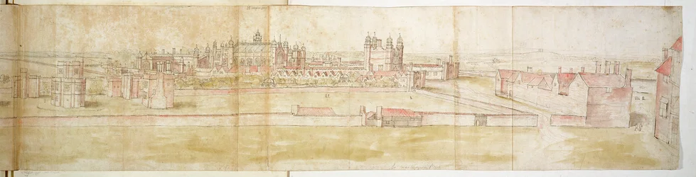 Hampton Court Palace fra nord, ca. 1544 (pen, blæk og wc på papir)