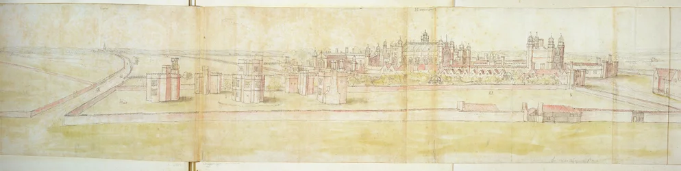 Hampton Court Palace fra nord, ca. 1544 (pen, blæk og wc på papir)