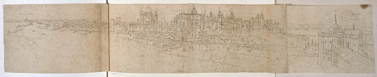 Hampton Court Palace set fra floden, ca. 1544 (pen og blæk på papir)