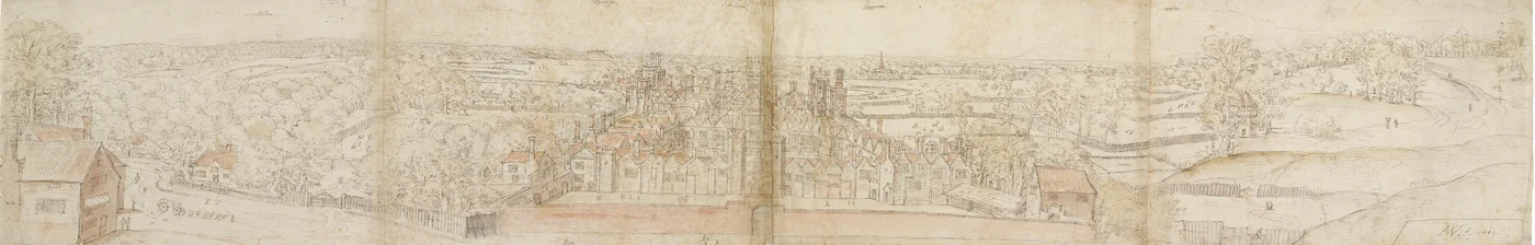 Oatlands Palace fra syd, 1559. Verso: Richmond Palace and Roofs of Oatlands, 1559