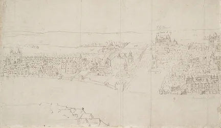 Panorama over London set fra Southwark: Durham House til Barnards Castle (pen og blæk over sort kridt på papir)