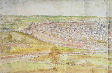 Panoramaudsigt over Bruxelles, 1500-tallet (pen og blæk og wc på papir)