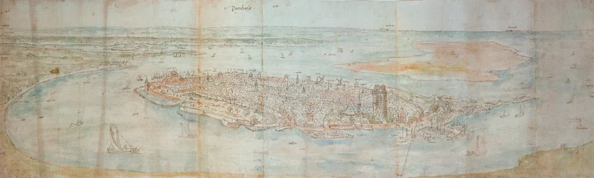 Panoramaudsigt over Dordrecht, set fra et forhøjet punkt mod vest