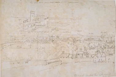 Ark med studier af Palaces of Hampton Court, Richmond og det omkringliggende landskab, c1560