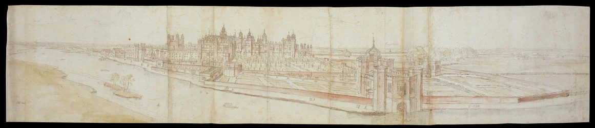 Udsigt over Hampton Court Palace fra syd, med floden i forgrunden, 1558 (pen og brunt blæk og akvareller over sort kridt)