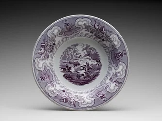 Serveringsskål, ca. 1853-1856 (blyglaseret lertøj med transfertryk)