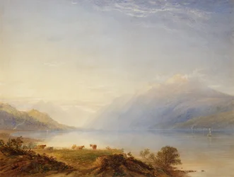 Kvæg ved en sø med bjerge hinsides (akvarel)