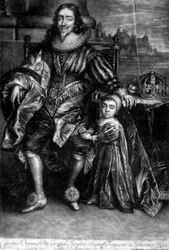 Charles I (1600-49) med en søn (stik)