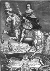 Rytterportræt af George Villiers (1592-1628), 1. hertug af Buckingham, graveret af Willem de Passe (1598-1637) 1625 (stik)