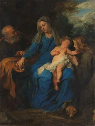 Den hellige familie med en kvindelig helgen i tilbedelse, ca. 1630-1650 (olie på lærred)