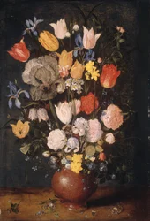 Buket blomster i en lertøjsvase, ca. 1610.
