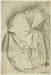 Draperet med hætteklædt figur (recto); To skitser af svaner i vand (verso)
