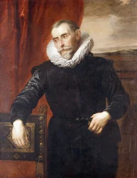 Portræt af Frans Snyders, halvfigur, i sort dragt, lænende sig op ad en stol, med et landskab i baggrunden