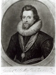 Portræt af James I (1566-1625) efter en miniature af Nicholas Hilliard (1547-1619) fra 1617, indgraveret af George Vertue (1684-1756)