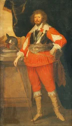Portræt af en adelsmand, siges at være Henry Rich, 1. jarl af Holland, i fuld længde, iført brystskjold, skærp og sværd, hans hånd hvilende på en pind, en hjelm på en sokkel, stående foran en draperet søjlegang,