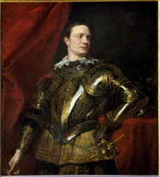 Portræt af ung general (eller condottiere) med gylden rustning (olie på lærred, ca. 1624)