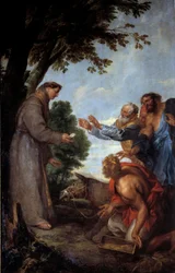 Muldyrets mirakel (eller den hellige Antonius af Padovas mirakel (san antonio di padova) i Toulouse) Jøden Guillards muldyr bøjer sig foran værten vist af den hellige Antonius af Padova og forærer sit madtrug. Hans mester konverterer til synet af denne mir