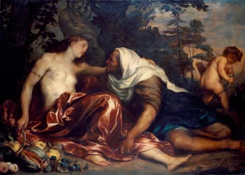 Vertumne og Pomone (Jupiter og Ceres): Vertumne, forelsket i nymfen Pomone, forklæder sig som en gammel kvinde for at henvende sig til hende. Maleri af Antonie Van Dyck (1599-1641) 1623-1625 søn. 141x197 cm Genes, Galleria di Palazzo Bianco