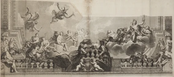 Design af Center Panel of Ceiling af Grand Gallery of Palais Royal, indgraveret af Nicolas Henri Tardieu (1674-1749)